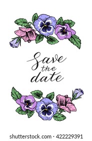 Save the date wedding invitation with hand drawn pansy flowers and calligraphy