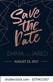 Save the date wedding invitation with lettering and abstract elements. Rose gold calligraphy on navy blue background for engagement, wedding. Vector illustration