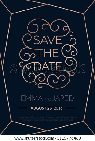 Save the date wedding invitation with lettering and abstract elements. Rose gold typography with flourishes.on navy blue background for engagement, wedding. Vector illustration