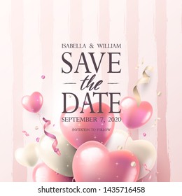 "Save The Date" wedding invitation with pink hearts and streamers. Can be used for Valentine's Day.
