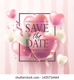 "Save The Date" wedding invitation with pink hearts and streamers. Can be used for Valentine's Day.