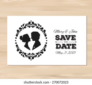 Save the date wedding invitation with profile silhouettes of man and woman. Card template on a wooden background. EPS 8 vector. Free fonts used: Nexa Rust, Alex Brush, Crimson