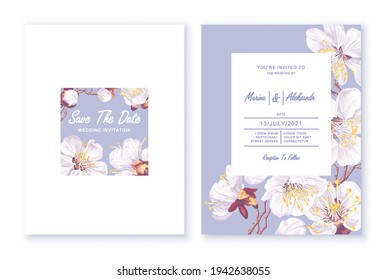 Salva la Fecha, invitación a la boda con flores de sakura. Plantas realistas vectoriales muy detalladas en colores pastel. Carteles, tarjetas, impresiones, banners publicitarios, plantillas para redes sociales