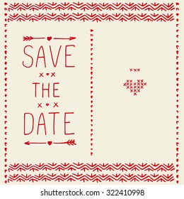 Save the date. Wedding invitation. Set of vector elements of folk embroidery, stitch, stitching, border.