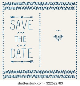 Save The Date. Wedding Invitation. Set Of Vector Elements Of Folk Embroidery, Stitch, Stitching, Border.