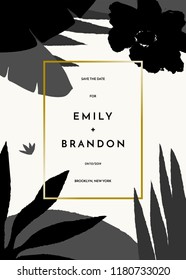 Save the Date or wedding invitation template, tropical foliage in black and gray, thin golden frame, cream background.