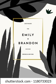 Save the Date or wedding invitation template, tropical foliage in black and gray, thin golden frame, cream background.