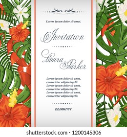 Save the date wedding invitation template vector with tropical flovers and leaves.