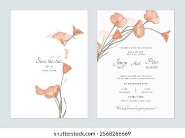 Save the date and wedding invitation template set of delicate orange California Poppy flowers on a white background, adding a touch of nature and elegance