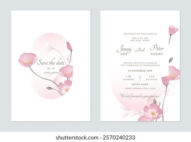 Save the date and wedding invitation template set of delicate pink California Poppy flowers on a white background, creating a delicate and romantic feel