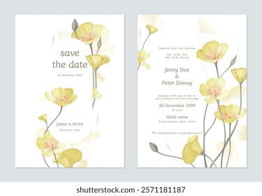 Save the date and wedding invitation template set of delicate yellow California Poppy flowers on a white background, creating a delicate and romantic feel