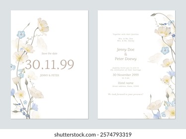 Save the date and wedding invitation template set of delicate wildflowers and white California Poppy flowers on a white background, adding a touch of nature and elegance