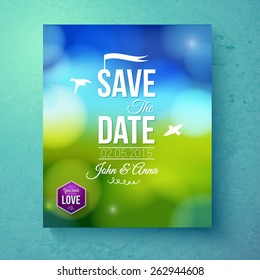 Save The Date wedding invitation template for Spring Wedding with spiritual white doves flying over a green field with blue sky and sparkling bokeh of sunlight, vector illustration