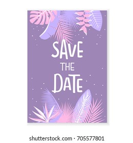 save the date wedding invitation template with tropical leaves in soft colors