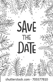 save the date wedding invitation template background with hand drawn outlined silhouettes herbs floral twigs branches