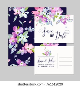 Save the Date Wedding Invitation Template with Spring Dogwood Flowers. Romantic Floral Greeting Card for Celebration. Watercolor Botanical Design. Vector illustration