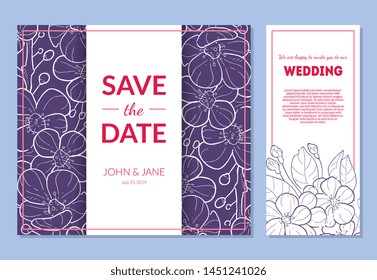 Save the Date Wedding Invitation Templates Set, Thank You, Rsvp Elegant Card with Hand Drawn Flowers and Space for Text Vector Illustration
