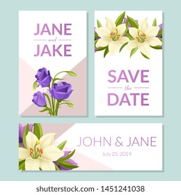 Save the Date, Wedding Invitation Templates Set, Floral Card with Beautiful Elegant Flowers, Frame with Space for Text Vector Illustration
