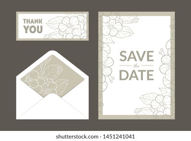 Save the Date Wedding Invitation Templates Set, Thank You, Rsvp Floral Card and Envelope with Hand Drawn Flowers, Frame with Space for Text Vector Illustration