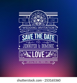 Save the date wedding invitation vector design with decorative text over a graduated pink to blue background with floral ornaments and flourishes and an emphasis on love
