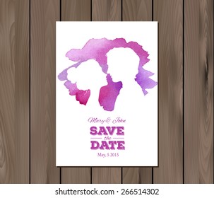 Save the date wedding invitation with watercolor elements and profile silhouettes of man and woman. Card template on a wooden background. EPS 10 vector. Free fonts used: Nexa Rust, Alex Brush, Crimson