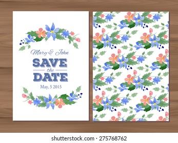 Save the date wedding invitation with watercolor flowers. Card template on a wooden background. Seamless illustrator swatch for back side included. Free fonts used - Nexa Rust, Alex Brush, Crimson