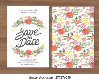 Save the date wedding invitation with watercolor flowers and hand drawn lettering. Card template on a wooden background. Illustrator swatch for seamless background included. Free font used -Afta sans.