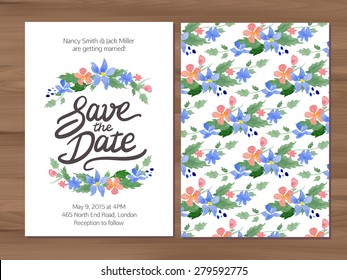 Save the date wedding invitation with watercolor flowers and hand drawn lettering. Card template on a wooden background. Illustrator swatch for seamless background included. Free font - Afta sans.
