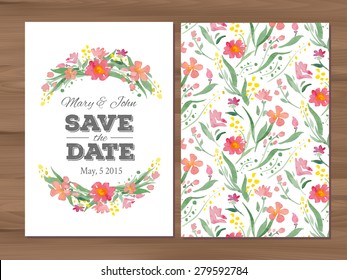 Save the date wedding invitation with watercolor flowers. Card template on a wooden background. Seamless illustrator swatch for back side included. Free fonts used - Nexa Rust, Alex Brush, Crimson