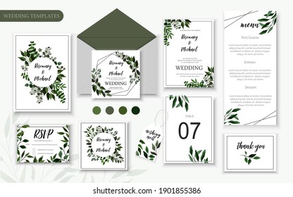 Save the date wedding invite card with floral green leaves, eucalyptus. Vector botanical template border, cover, decorative invitation with greenery, branch