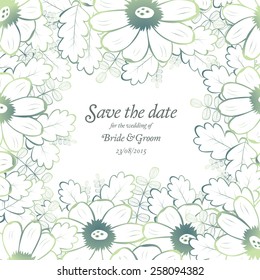 Save the date wedding invite card template with green flowers vector illustration