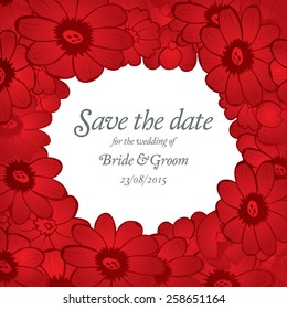 Guardar la plantilla de la tarjeta de invitación de boda de fecha con la ilustración del vector de flores rojas