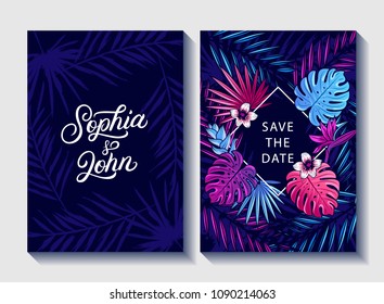Save the date wedding invite invitation. Floral tropical card design. Palm leaves, monstera, hibiscus, strelitzia flowers. Natural botanical template. Vector illustration.