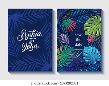 Save the date wedding invite invitation. Floral tropical card design. Palm leaves, monstera, strelitzia flowers. Natural botanical template. Vector illustration.