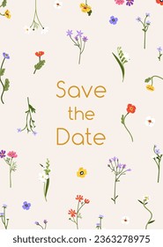 Save the Date, wedding inviting card design. Marriage ceremony, invitation background template with spring flowers frame, delicate blooms, floral plants, wildflowers. Flat vector illustration