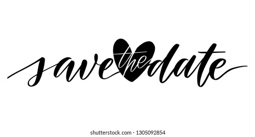 Save the date wedding lettering emblem with heart. Hand crafted design elements for your wedding invitation. Vector  illustration.