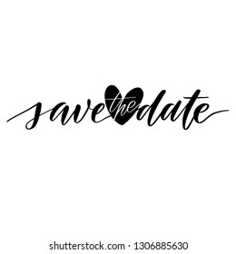 Save the date wedding lettering emblem with heart. Hand crafted design elements for your wedding invitation. Vector  illustration.