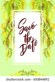 Save the date wedding lettering postcard or invitation. Hand drawn ink wedding poster with modern brush calligraphy and spring green frame. For cards, banners. Vector illustration stock vector.