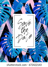 Save the date wedding lettering postcard. Wedding poster with modern brush calligraphy and tropical palm leaves seamless pattern. For cards, banners, posters. Vector illustration stock vector.