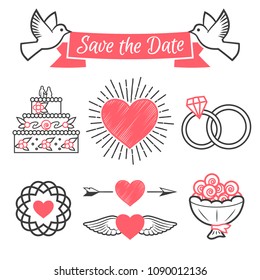 Save The Date Wedding Love Badges, Labels Design Elements For Invitation Cards Set. Designers toolkit with hearts, rings, wedding cake, roses bouquet, wings, doves and ribbon. Vector