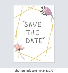 Save the date for wedding or love card with bird and gold stripes