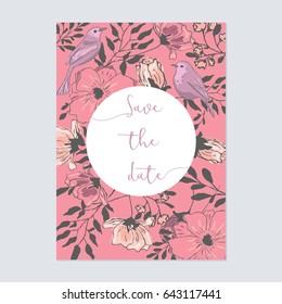 Save the date for wedding or love card with bird on a pink floral background