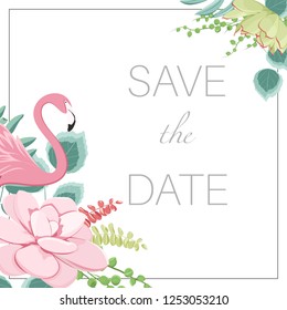 Save the date wedding marriage event invitation card template. Succulent plants flamingo bird corner decoration elements. Square border frame. Pink, red, green colors. White background.