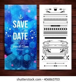 Save the date for wedding or other celebration over blue and purple shapes as note card with borders