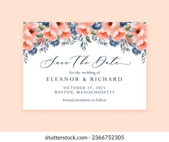 Save The Date Wedding pastel floral square invitation card design with vintage watercolor flowers. Vector template