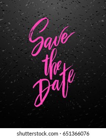 Save the date wedding pink chalk lettering postcard. Hand drawn ink wedding poster with modern brush calligraphy on blackboard. For cards, banners, posters. Vector illustration stock vector.
