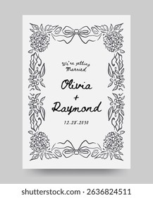 Save the date wedding poster with hand drawn whimsical hydrangea flower and ribbon bow illustration. Scribble line art style. 