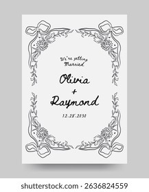 Save the date wedding poster with hand drawn whimsical hydrangea flower and ribbon bow illustration. Scribble line art style. 