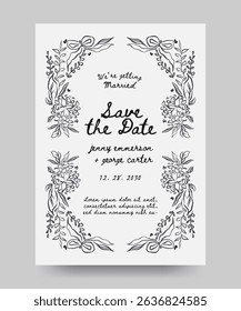 Save the date wedding poster with hand drawn whimsical hydrangea flower and ribbon bow illustration. Scribble line art style. 