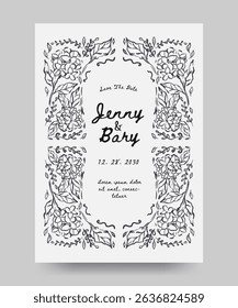 Save the date wedding poster with hand drawn whimsical hydrangea flower illustration. Scribble line art style. 